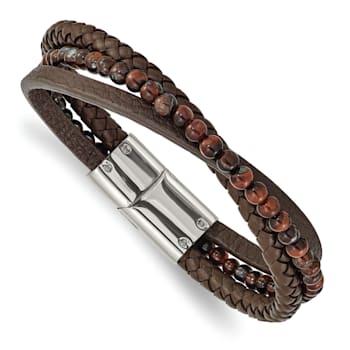 Leather and Stainless Steel Polished with Tiger's Eye Brown 8.25-inch Bracelet