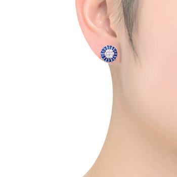 Sapphire Color CZ Halo Stud Earrings In Sterling Silver