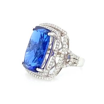 15.35 Ctw Tanzanite and 0.96 Ctw White Diamond Ring in 18K WG