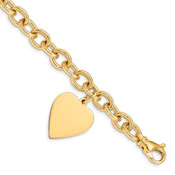 14k Yellow Gold Polished Link with Heart Charm Bracelet