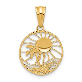 14K Yellow Gold with White Rhodium Ocean and Palm Tree Round Pendant