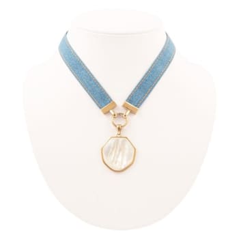 Barse Jewelry Blue Denim Dreams White Mother of Pearl Ribbon Golden
Pendant Necklace