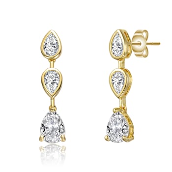 Pear Shape CZ Three-Stone Drop Earrings In 14K Gold Over Sterling Silver