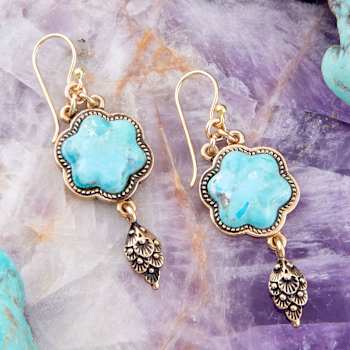 Barse Jewelry 15mm Blue Turquoise Gold Tone Flower Drop Earrings