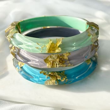 14K Yellow Gold Over Sterling Silver Thin Faceted Acrylic Bangle
Bracelet in Mint Green