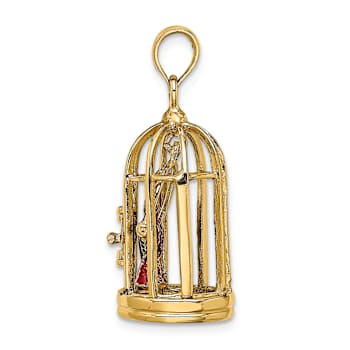 14k Yellow Gold 3D Enamel Bird Cage and Doors with 2 Birds Pendant