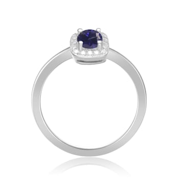 Rhodium Over Sterling Silver Round Blue Sapphire and Moissanite Halo Ring