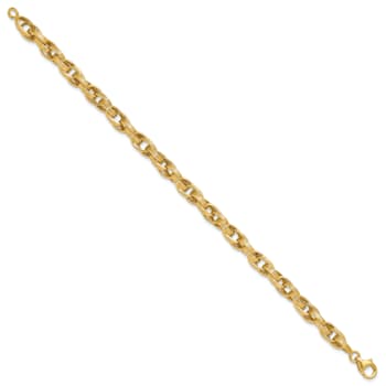 14K Yellow Gold Polished and Grooved Fancy Oval Link Bracelet