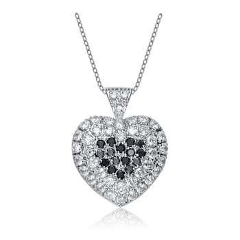 Black And White CZ Heart Pendant Necklace In Sterling Silver