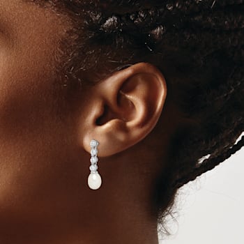 Rhodium Over Sterling Silver 7-8mm White Rice Freshwater Cultured Pearl
Cubic Zirconia Earrings