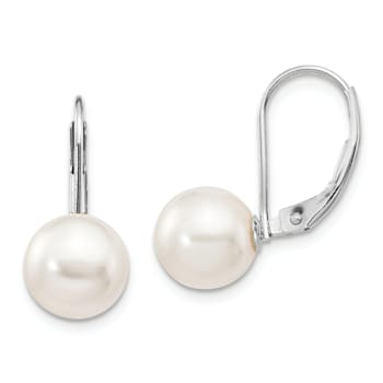 Rhodium Over 14K White Gold 8-9mm Round White Saltwater Akoya Pearl
Leverback Earrings