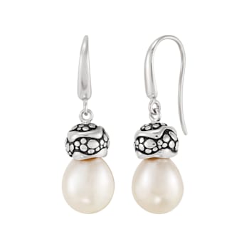 11-12mm Round White Freshwater Pearl Sterling Silver Drop Earrings
