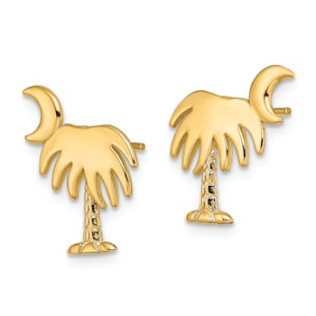 14K Yellow Gold Textured Charleston Palm Tree with Moon Stud Earrings