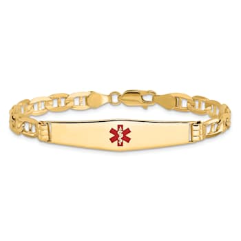 14k Yellow Gold Medical Soft Diamond Shape Red Enamel Mariner ID Bracelet