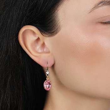 14k Gold Dipped Pink Oval Crystal Leverback Earrings
