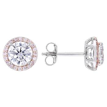 Pink and White CZ Halo Stud Earrings In Rose Gold and Sterling Silver