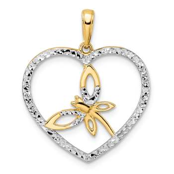 14k Two-tone Gold Diamond-cut Dragonfly in Heart Pendant
