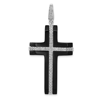 Rhodium Over 14K White Gold 1/4ct. Diamond and Onyx Cross Pendant