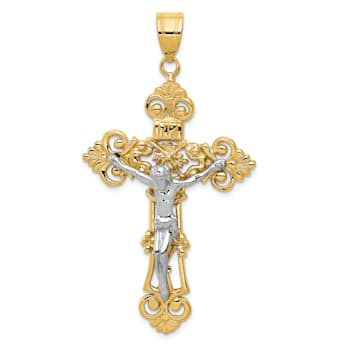 14k Yellow Gold and 14k White Gold INRI Fleur De Lis Crucifix Pendant