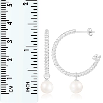 White Cultured Freshwater Pearl Rhodium Over Sterling Silver 7-8mm Round Earrings