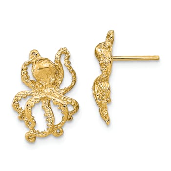 14k Yellow Gold 2D Polished and Textured Octopus Stud Earrings