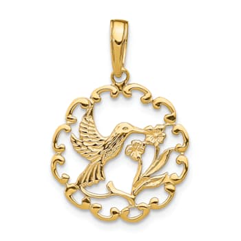 14K Yellow Gold Hummingbird with Flower in Frame Pendant