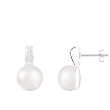 10.5-11mm White Cultured Freshwater Pearl Rhodium Over Sterling Silver Earrings