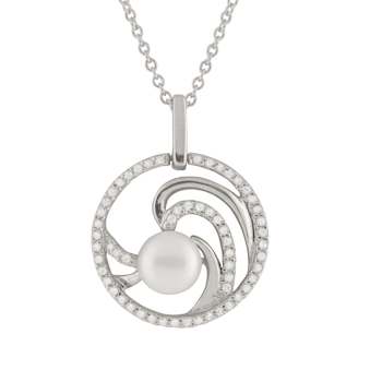 6.5-7mm Button White Cultured Freshwater Pearl and CZ Rhodium Over
Sterling Silver Pendant