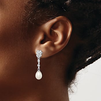 Rhodium Over Sterling Silver  8-9mm White FWC Pearl Cubic Zirconia Post
Dangle Earrings