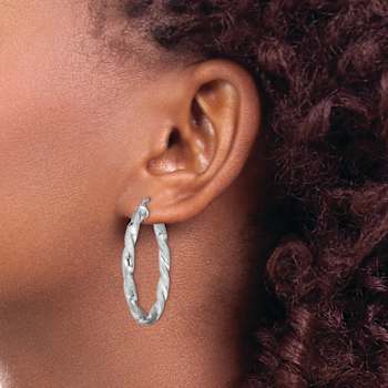 Rhodium Over Sterling Silver Satin Polished Twisted 3x35mm Hoop Earrings