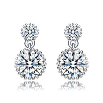 Two-Stone CZ Milgrain Drop Earrings In White Rhodium Over Brass