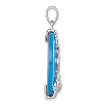 Rhodium Over Sterling Silver Blue Agate Turtle and Reef Round Pendant