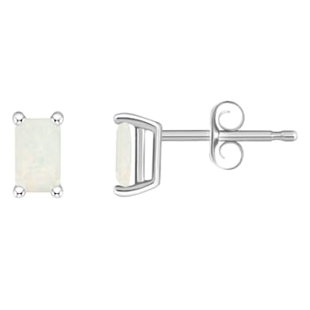 5x3mm Emerald Cut Opal 14k White Gold Stud Earrings