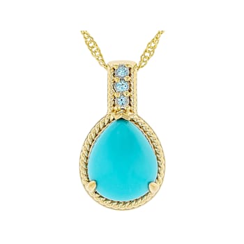 Turquoise Pear And Blue Topaz Pendant Necklace In 18K Gold Over Sterling Silver