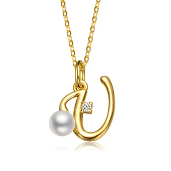 Initial U Pear Shape CZ And Pearl Pendant Necklace In 14K Gold Over Brass
