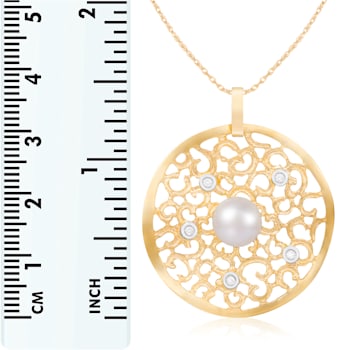 White Cultured Freshwater Pearl and Diamond 14K Yellow Gold Pendant 8-8.5mm