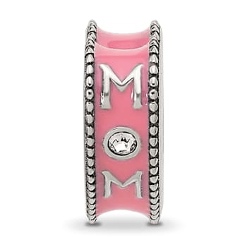 Sterling Silver Crystal and Enamel Pink Heart Mom Bead