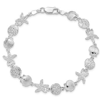 Rhodium Over Sterling Silver Polished Sand Dollar, Shell, Starfish Bracelet