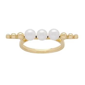 4.5-5mm Round White Freshwater Pearl and Beaded Design 14K Yellow Gold Ring
