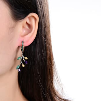 Amethyst and Nanocrystal Black Rhodium Over Sterling Silver Leaf Earrings