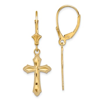 14k Yellow Gold Diamond-Cut and Textured Cross with Beaded Edge Dangle Earrings