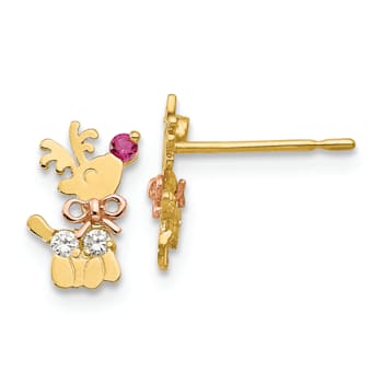14K Yellow and Rose Gold Cubic Zirconia Children's Reindeer Post Earrings