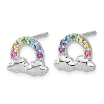 Rhodium Over Sterling Silver Crystal Rainbow and Clouds Children's Post Earrings