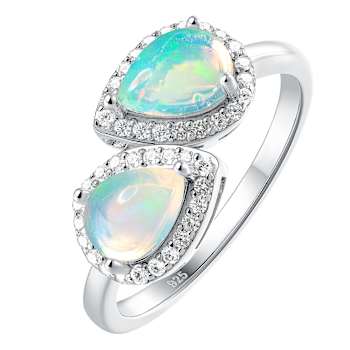 Pear Shape Opal And Zircon Halo Bypass Ring In Sterling Silver