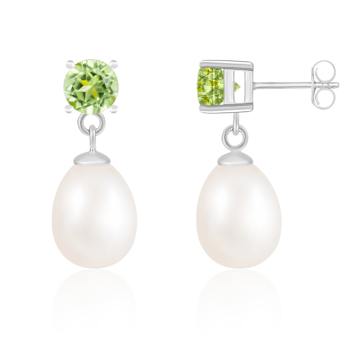 White Freshwater Pearl And Peridot Dangle Earrings In Sterling Silver