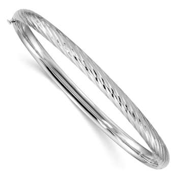 Rhodium Over 14k White Gold 4.75mm Diamond-Cut Textured Hinged Bangle