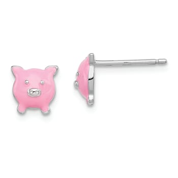 Rhodium Over Sterling Silver Enamel Pig Child's Post Earrings