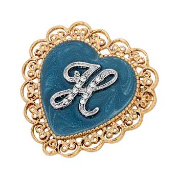 Gold Tone Filigree Heart Blue Enamel Initial Pin