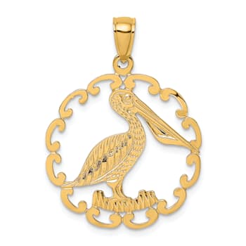 14k Yellow Gold Textured Pelican In Circle Charm