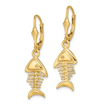 14k Yellow Gold 3D Fishbone Dangle Earrings